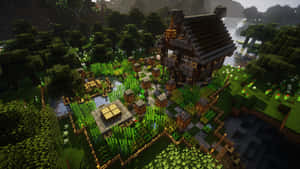 河邊森林中的Minecraft村莊，有木屋和農場。 — 我的世界 壁紙