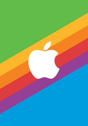 白色Apple標誌在綠色和藍色背景上的對角彩虹條紋上。