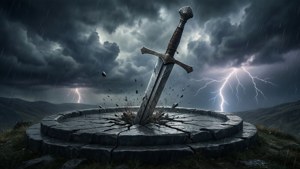 在暴風雨下，劍從石中噴出，天空閃電交加。