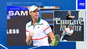 網球選手 Sam Querrey 在藍色背景上以統計和動作鏡頭慶祝。 — 網球 壁紙