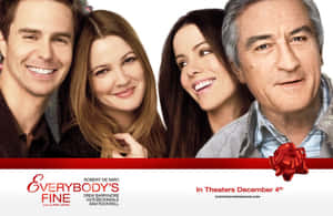 電影《Everybody's Fine》海報，展示微笑的演員、紅色蝴蝶結和上映日期。