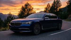 日落時分山路上藍色BMW轎車，背景有松樹和橙色天空。
