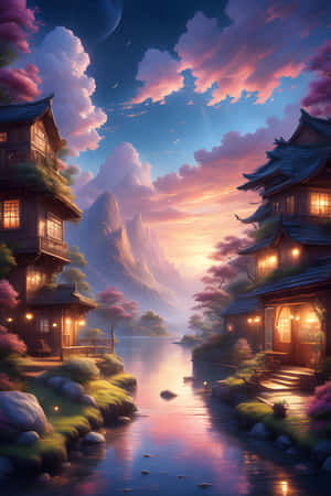 傳統木屋在黃昏的平靜河邊溫暖地發光，背景有粉紫色雲彩和山脈