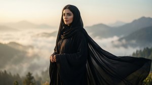 身穿黑色長袍的女子站在山脊上，日出時有霧氣籠罩的山谷。