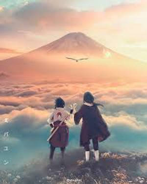 兩個動漫角色站在山頂上，看著富士山在日落時分從雲層中升起。 — 火影忍者 supreme 壁紙