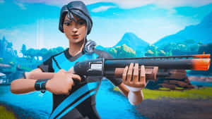 Fortnite角色在戶外山景中瞄準散彈槍
