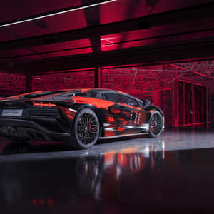 黑色和紅色的林寶堅尼 Aventador SVJ 在紅色燈光的工業車庫中，地板有反射效果。