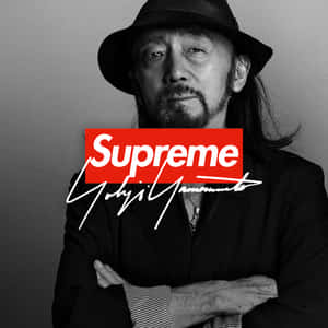 戴紳士帽交叉雙臂的男子，黑白照片疊加紅色Supreme標誌。