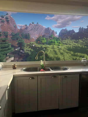 廚房水槽後方有Minecraft方塊山景壁紙。