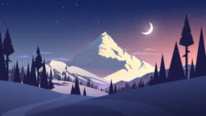 新月星空下的雪山和夜晚的松樹。 — 唯美月亮動圖 壁紙