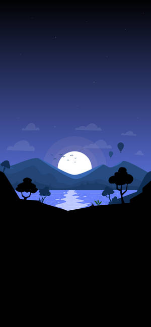 滿月高懸湖上，山脈和樹木在夜色中形成剪影。 — 美學手機GIF 壁紙