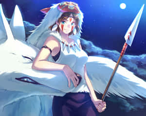 動漫女孩，有狐狸耳朵和一隻巨大的白色狐狸，在星空下拿著長矛。