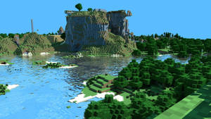 懸崖上的Minecraft城堡，俯瞰河流和森林