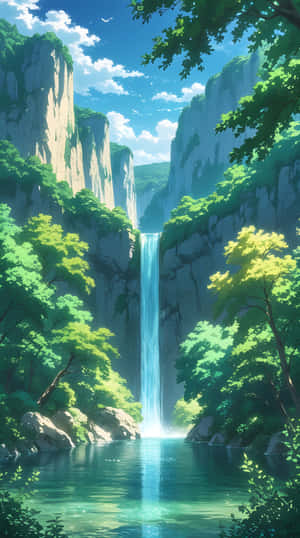 一道高聳的瀑布在陽光明媚的天空下流入森林峽谷中的寧靜水池。 — 森林 壁紙