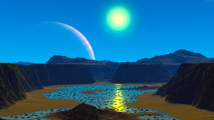 外星峽谷，發光太陽和彩虹行星位於反射湖泊之上。 — 美學mac 壁紙