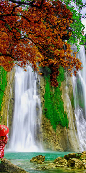 秋樹下瀑布旁持紅傘的人 — 湖景 壁紙
