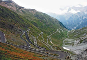 蜿蜒的山路，汽車在綠色和岩石地形上爬升。
