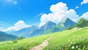 一條泥土小徑蜿蜒穿過開滿鮮花的草地，通向陽光下的山頂。