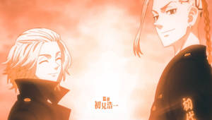 兩個身穿深色制服嘅動漫角色喺發光嘅橙色天空前，有日文文字。