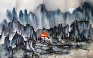 月光下，山脊上的紅色寺廟，伴隨著薄霧和瀑布。 — 藝術 壁紙