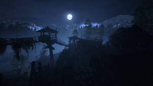 滿月之夜，霧氣瀰漫的水面上被遺棄的木村。 — 山邊 壁紙