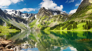 藍天下，高山湖泊映照著雪山和綠丘。 — 湖 壁紙