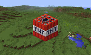 Minecraft草地上的紅色TNT方塊，有山丘和池塘。