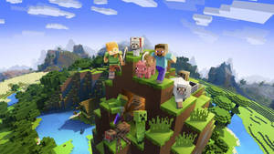 Minecraft玩家和動物在懸崖上俯瞰河流和山脈。