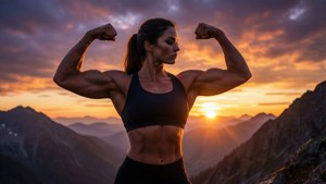 運動型女性在山頂彎曲二頭肌，背景為日落