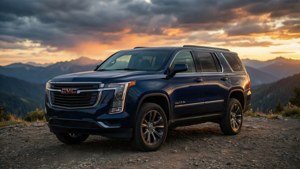藍色GMC Yukon SUV停泊在日落時分的山徑上。