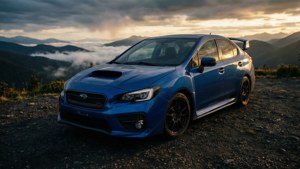 藍色Subaru WRX STI在山碎石上，霧谷和日出在背後