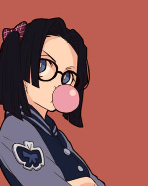 動漫女孩穿著校服，戴眼鏡和馬尾，吹著粉紅色泡泡糖泡泡。