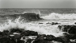 海浪拍打黑暗岩石海岸的黑白畫面