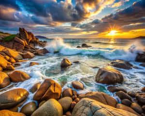 夕陽下的海洋，海浪拍打岩石海岸