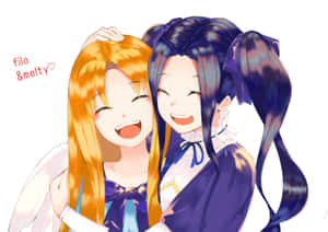 兩個動漫女孩，橙色和紫色頭髮，笑著擁抱。