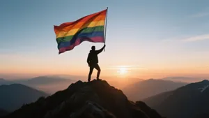 人物在日出時於山頂揮舞彩虹旗
