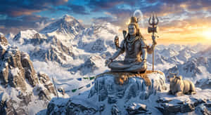 濕婆石像在雪山冥想，公牛和三叉戟相伴，日落時分