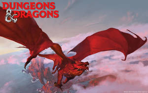 紅龍在日落時飛越火山島，帶有 Dungeons & Dragons 標誌。