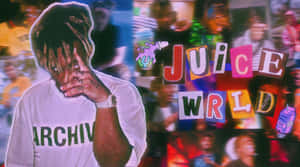 Juice WRLD 身穿白色T恤，背景為色彩繽紛的拼貼，名字以粗體字呈現。
