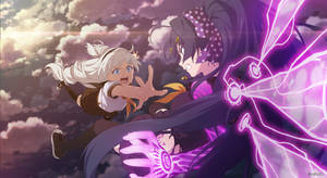 兩個動漫女孩帶著紫色魔法能量飛過雲層。 — 咒術回戰 壁紙
