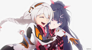 兩個穿著未來風格服裝的動漫女孩面帶燦爛笑容擁抱。 — 動漫擁抱 GIF 壁紙