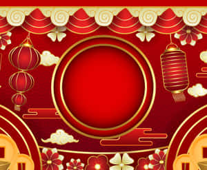 紅色和金色的中國新年設計，帶有燈籠、花朵和雲彩。 — 新年動畫 壁紙