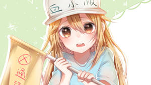 金色頭髮的動漫女孩拿著一個帶有紅色符號的黃色橫幅。
