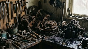 生鏽的齒輪和舊工具散落在雜亂的工作枱上。