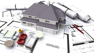 建築藍圖上的3D住宅模型及家具佈局。