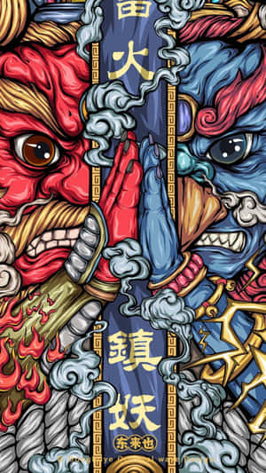 兩個風格化的紅色和藍色惡魔面孔，手持武器和雲朵對峙。
