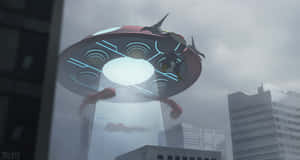 UFO在城市上空盤旋，側面附著一架戰鬥機。 — 灰色 GIF 壁紙