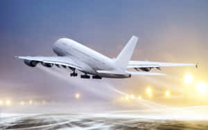 白色空中巴士A380飛機在日落時分起飛，下方跑道燈閃閃發光。