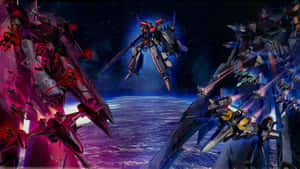 機甲在發光海洋的行星上空進行太空戰鬥。 — 現代戰爭 壁紙