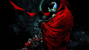 一個身穿紅色斗篷、眼睛發出綠光的惡魔般人物，被怪誕面孔包圍。
